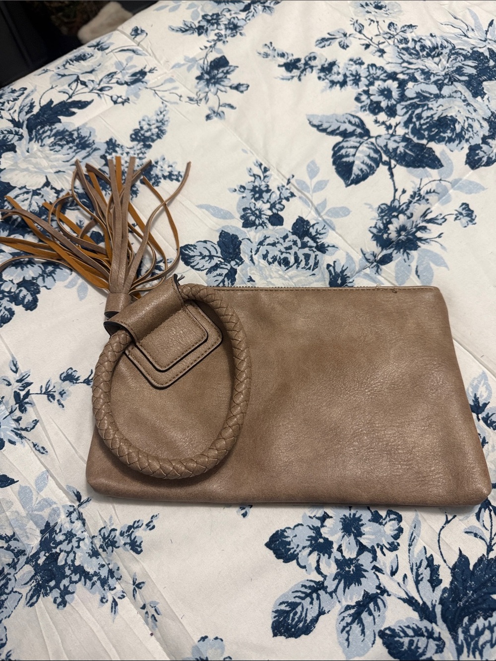 Taupe Leather Wristlet Clutch with Braided Handle